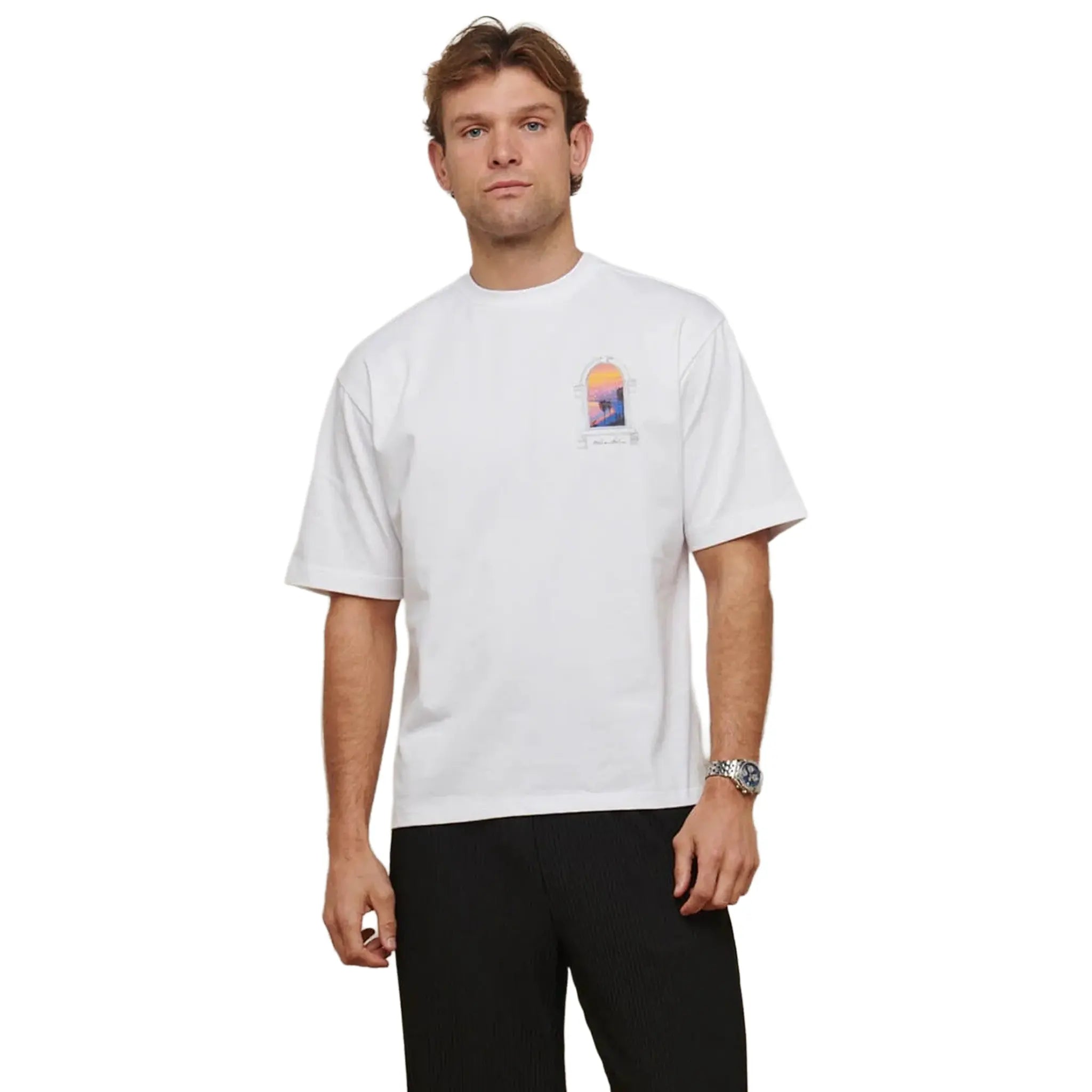Front View of Belier Miami Sunset Arch White T Shirt BM838WHT
